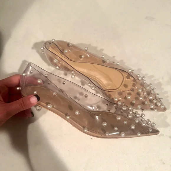 Cult Gaia Roxy Pearl Adorned Pointed Toe Clear Kitten Heels Size 39.5/9.5 - Picture 2 of 7